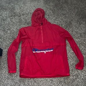 Red windbreaker with hood